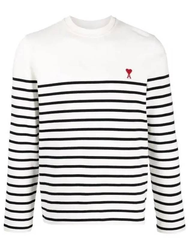 Men's Heart Logo Striped Long Sleeve T-Shirt White Black - AMI - BALAAN 3