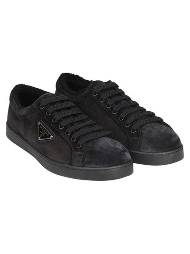 Triangle Logo Suede Low-Top Sneakers Black - PRADA - BALAAN 1