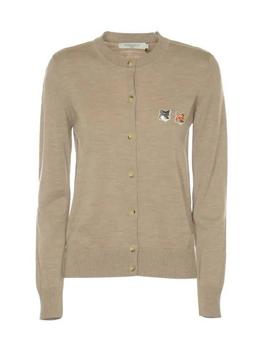 Double Fox Head Patch Round Neck Cardigan Beige Melange - MAISON KITSUNE - BALAAN 2