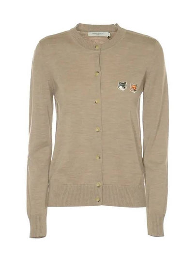 Double Fox Head Patch Round Neck Cardigan Beige Melange - MAISON KITSUNE - BALAAN 2