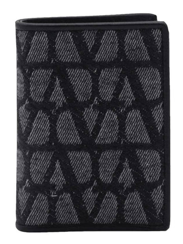 V Logo Folding Leather Half Wallet Navy Black - VALENTINO - BALAAN 1