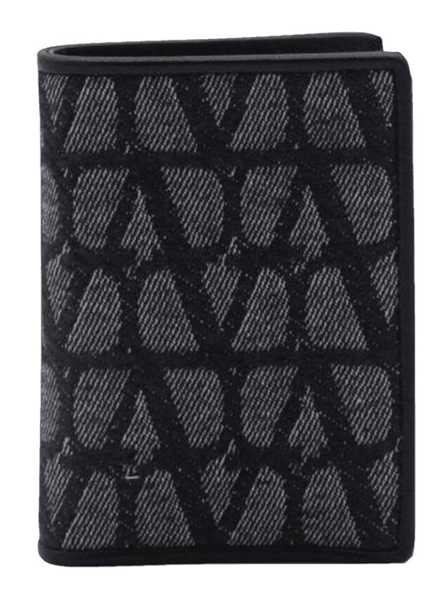 V Logo Folding Leather Half Wallet Navy Black - VALENTINO - BALAAN 1