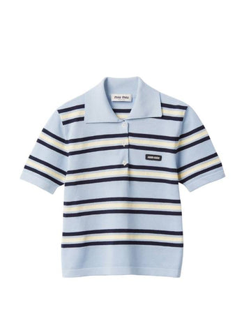 Striped Knit Silk Cotton Polo Shirt Blue - MIU MIU - BALAAN 1