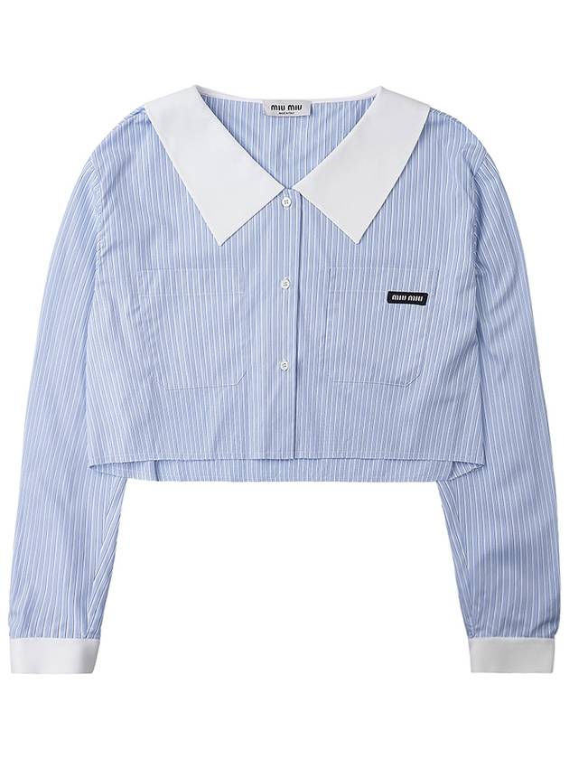 Women's Logo Patch Striped Crop Shirt Sky Blue - MIU MIU - BALAAN 10