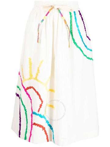 Mira Mikati Ladies White Embroidered Sun Scene Elasticated Skirt, Brand Size 40 (US Size 8) - MIRA MIKATI - BALAAN 1