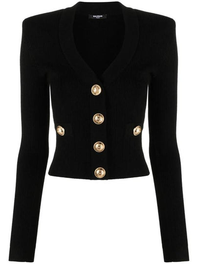 Button V-Neck Rib Knit Cardigan Black - BALMAIN - BALAAN 2