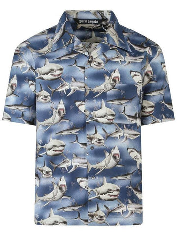 Shark Print Short Sleeve Shirt Blue - PALM ANGELS - BALAAN 1