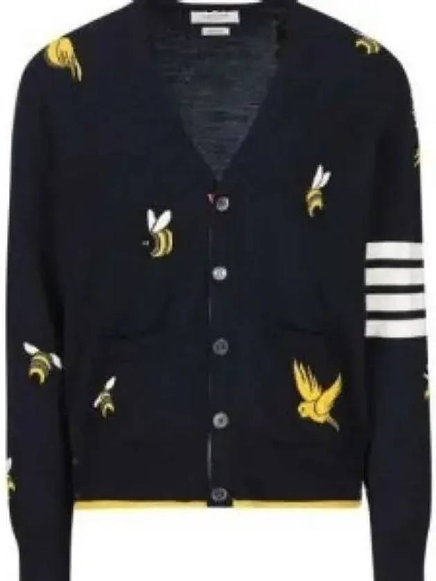 Men's Merino Bird Bee 4 Bar V-Neck Merino Cotton Cardigan Navy - THOM BROWNE - BALAAN 2