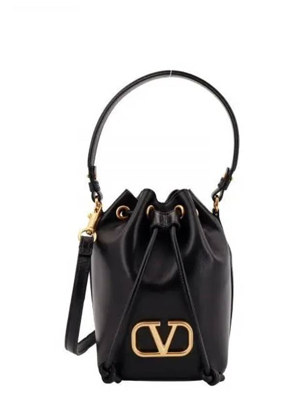 Signature V Logo Leather Small Bucket Bag Black - VALENTINO - BALAAN 2