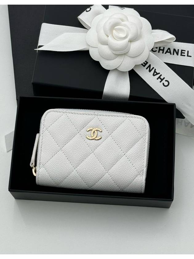 Gold Hardware Classic Grained Shiny Calfskin Zipped Coin Wallet White - CHANEL - BALAAN 2