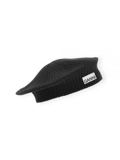 Logo Rib Edge Wool Beret Black - GANNI - BALAAN 2