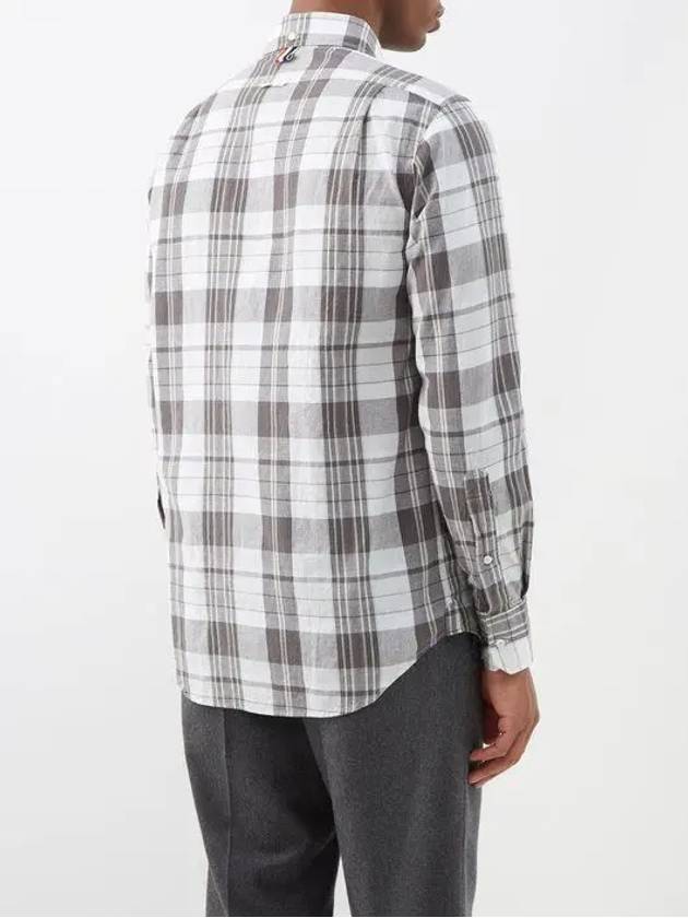 Men's Madras Straight Fit Cotton Long Sleeve Shirt Medium Grey - THOM BROWNE - BALAAN 5