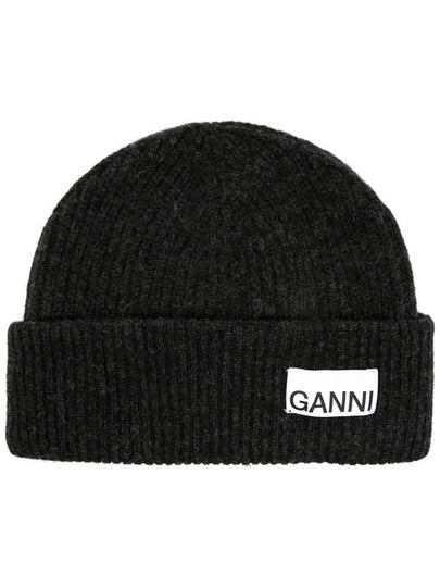 Logo Label Rib Knit Wool Beanie Dark Grey - GANNI - BALAAN 2