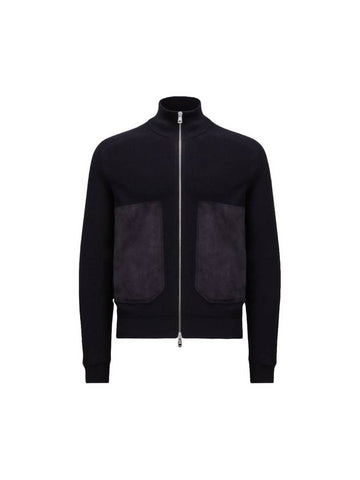 Logo Applique Suede Trim Cotton Cashmere Zip-Up Cardigan Navy - MONCLER - BALAAN 1