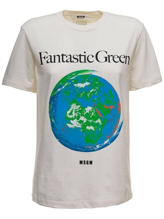 Women Earth Fantastic Green Print Short Sleeve T-Shirt White - MSGM - BALAAN.