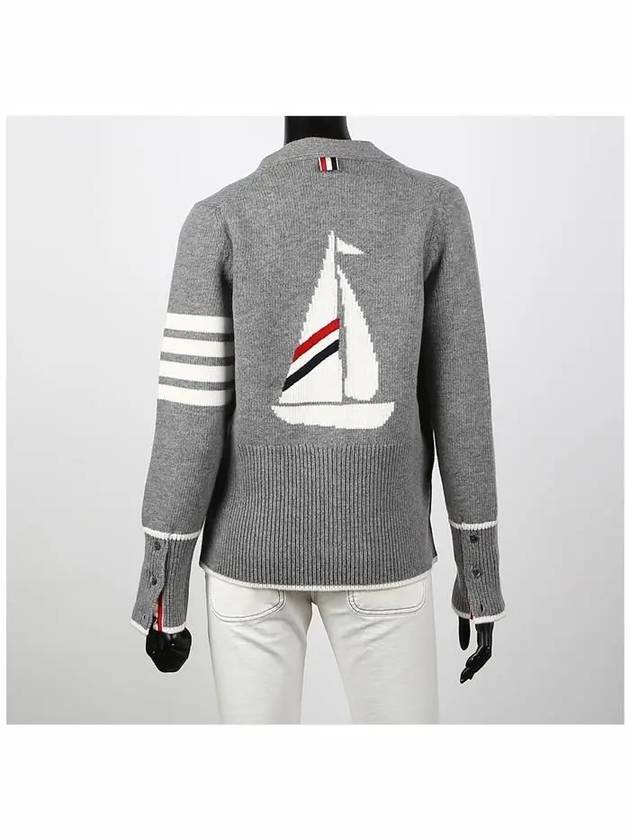 Women's Fine Merino Jersey Sailboat 4 Bar Boxy V Neck Cardigan Light Grey - THOM BROWNE - BALAAN 5