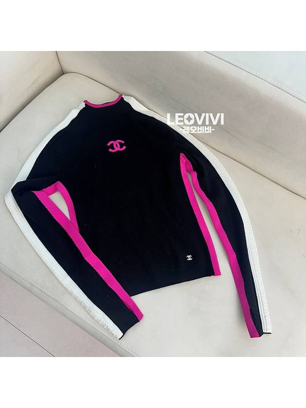 Coconeju CC Logo Long Sleeve Black Pink Wool Knit Top Pullover 36 P74366 - CHANEL - BALAAN 1