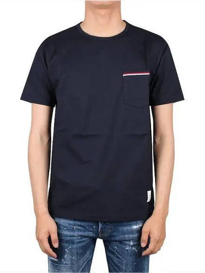 Men's Medium Weight Jersey Tipped Pocket Crewneck Short Short Sleeve T-Shirt Navy - THOM BROWNE - BALAAN 2