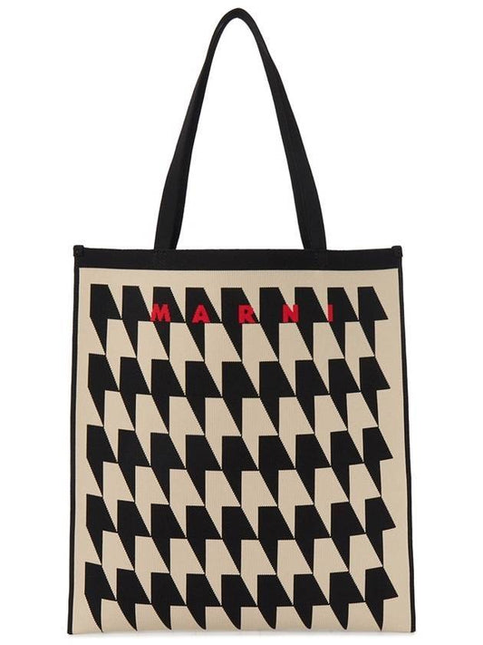 Houndstooth Jacquard Tote Bag Beige Black - MARNI - BALAAN.