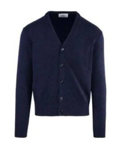 Heart Logo V Neck Cashmere Cardigan Navy - AMI - BALAAN 2