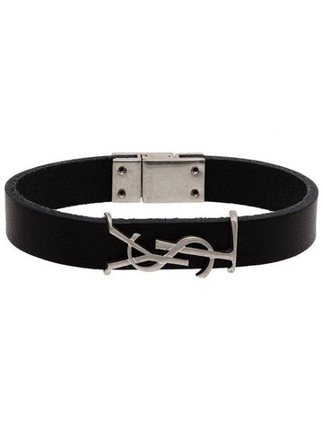 Monogram Opyum Leather Bracelet Black Silver - SAINT LAURENT - BALAAN 1