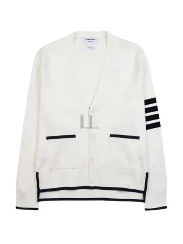 V-Neck Diagonal Armband Cardigan White - THOM BROWNE - BALAAN 2