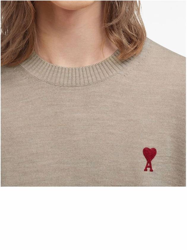 Heart Embroidered Logo Crew Neck Knit Top Beige - AMI - BALAAN 7