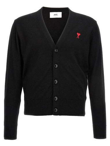 Red Heart Logo Merino Wool Cardigan Black - AMI - BALAAN 1