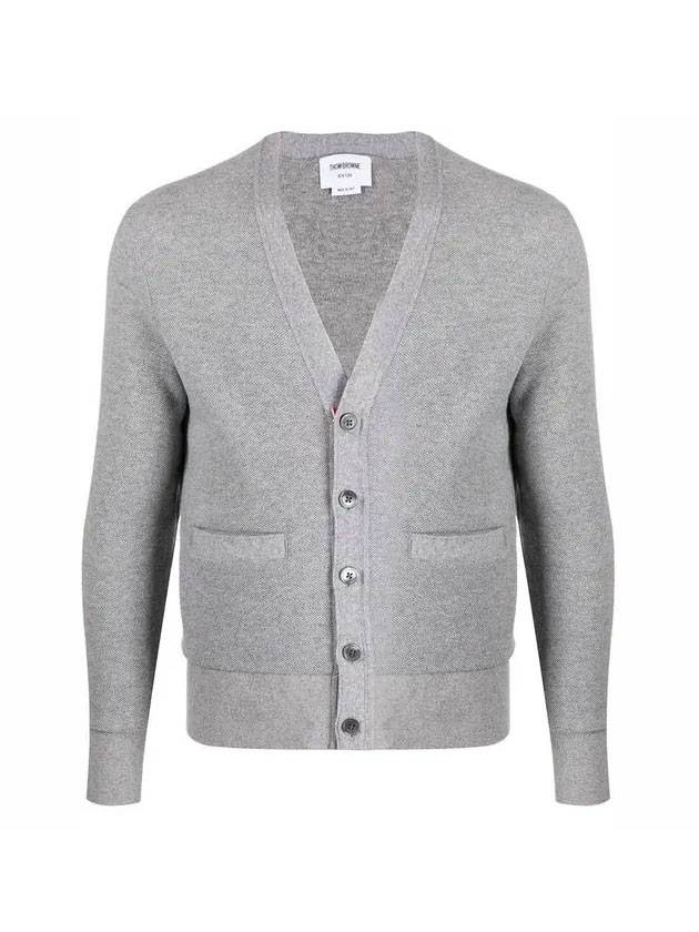 cashmere pique V-neck cardigan light gray - THOM BROWNE - BALAAN.