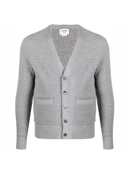 cashmere pique V-neck cardigan light gray - THOM BROWNE - BALAAN.
