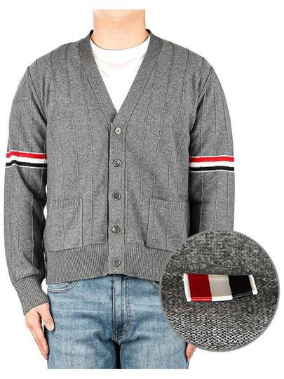 RWB V-neck Striped Virgin Wool Cardigan Grey - THOM BROWNE - BALAAN 2