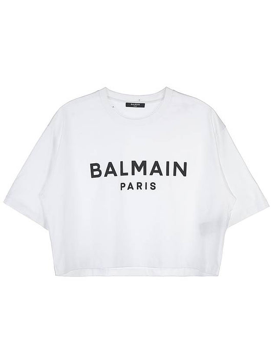 logo print cropped cotton short sleeve t-shirt white - BALMAIN - BALAAN.