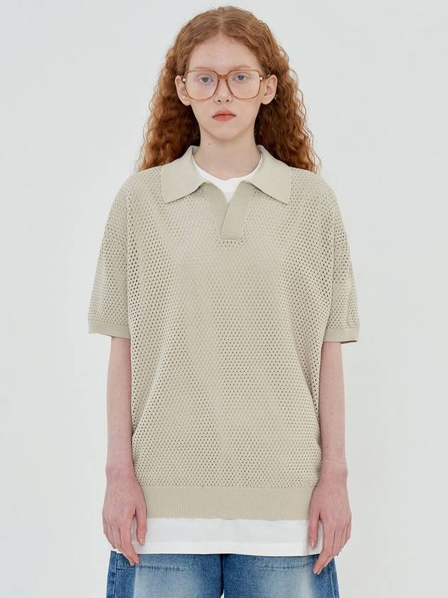 Mesh Polo Knit Top Beige - UNALLOYED - BALAAN 2