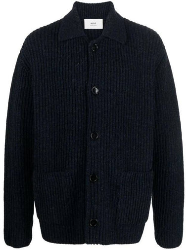 Shetland Ribbed Virgin Wool Cardigan Navy - AMI - BALAAN 1