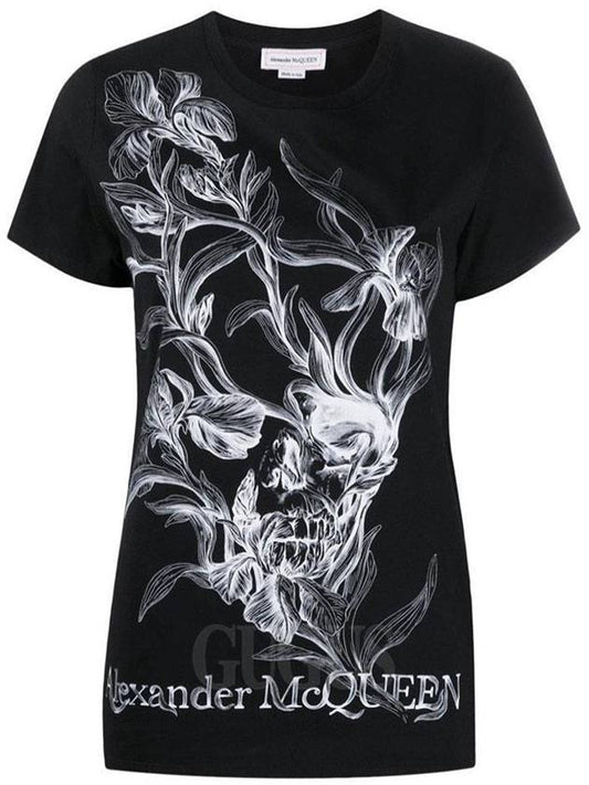 Women's White Floral Logo Cotton Short Sleeve T-Shirt Black - ALEXANDER MCQUEEN - BALAAN.