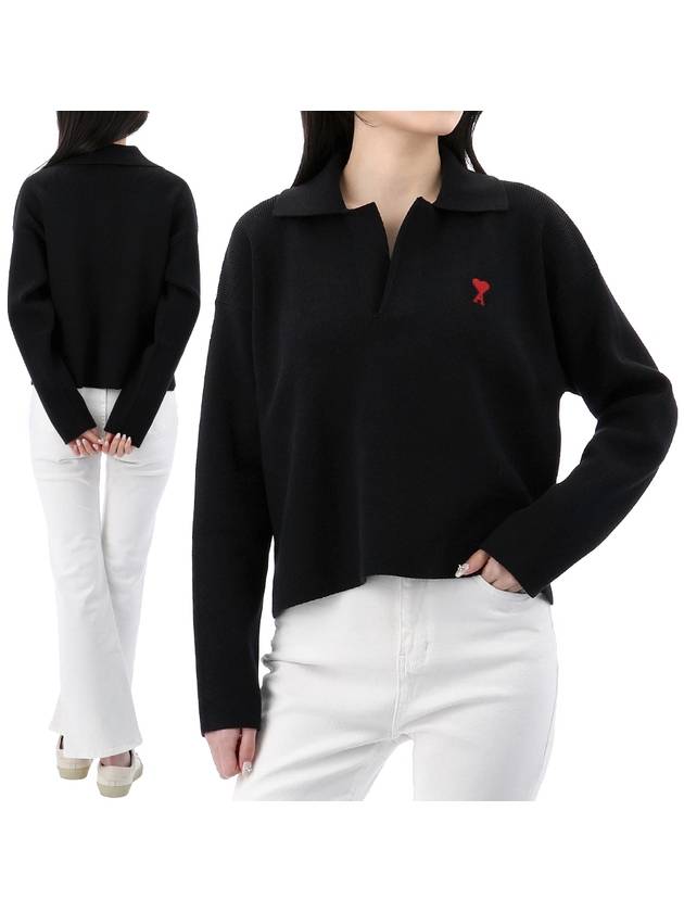 Small Heart Long Sleeve Polo Shirt Black - AMI - BALAAN 2