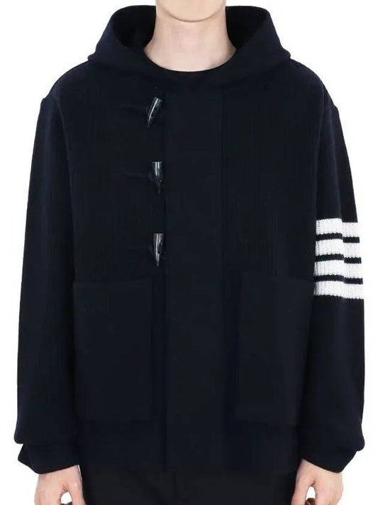 Boiled Wool Half Cardigan Stitched Hooded 4 Bar Double Jacket Navy - THOM BROWNE - BALAAN 2