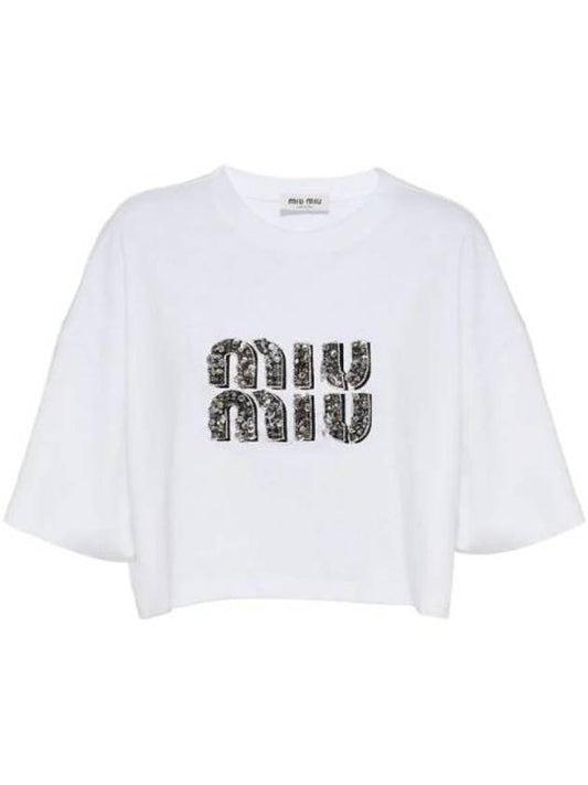 Embroidered Logo Crystal Cotton Short Sleeve T-Shirt White - MIU MIU - BALAAN 1