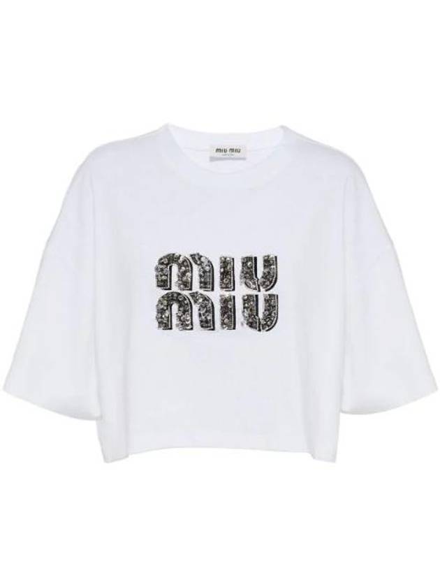 Embroidered Logo Crystal Crop Cotton Short Sleeve T-Shirt White - MIU MIU - BALAAN 1