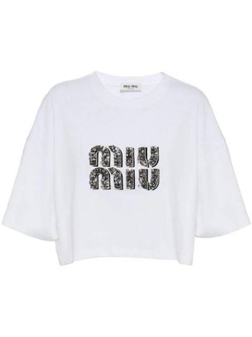 Embroidered Logo Crystal Crop Cotton Short Sleeve T-Shirt White - MIU MIU - BALAAN 1