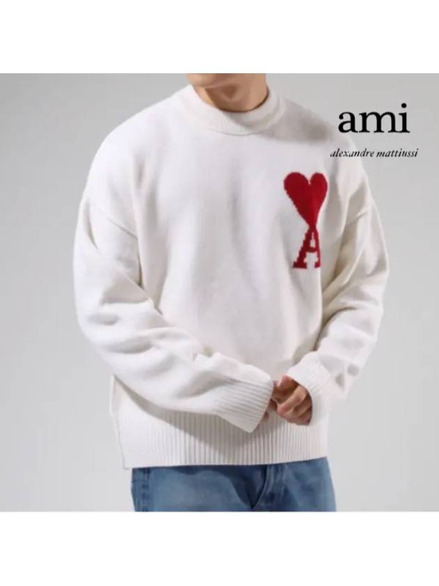 Intarsia Big Heart Logo Wool Knit Top Ivory - AMI - BALAAN 2