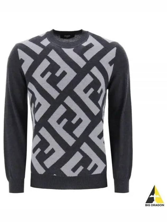 Monogram Jacquard Wool Crewneck Knit Top Grey - FENDI - BALAAN 2