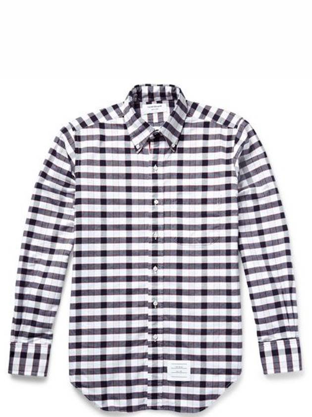 Men's Hidden Three Stripes Oxford Check Long Sleeve Shirt Navy - THOM BROWNE - BALAAN.