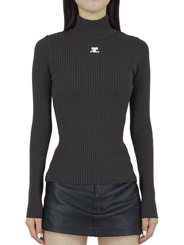 Embroidered Logo Mock Neck Rib Turtleneck Brown - COURREGES - BALAAN 3