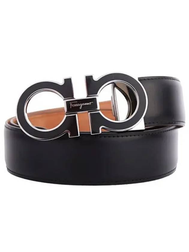 Adjustable Gancini Gunmetal Logo Leather Belt Black - SALVATORE FERRAGAMO - BALAAN 3