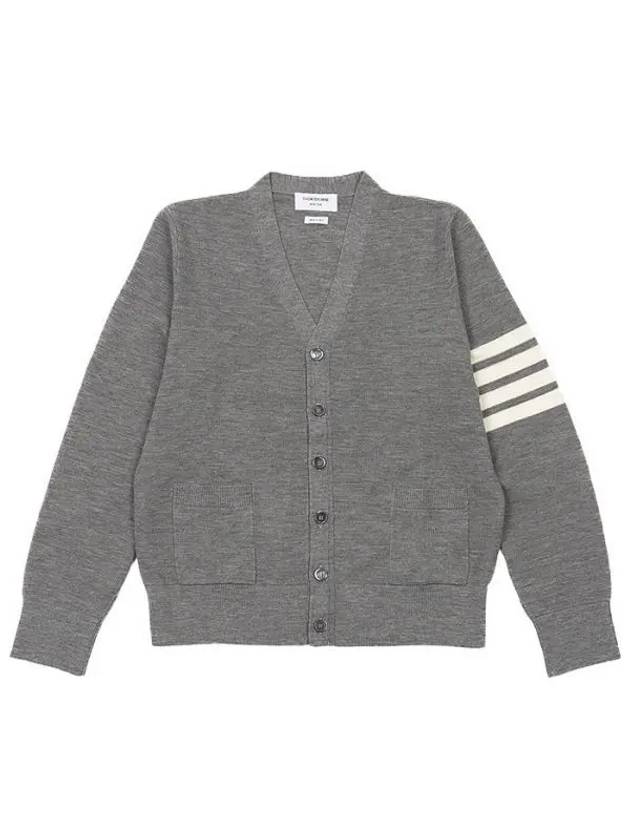 4-Bar Striped Waffle High V-Neck Cardigan Light Grey - THOM BROWNE - BALAAN 2