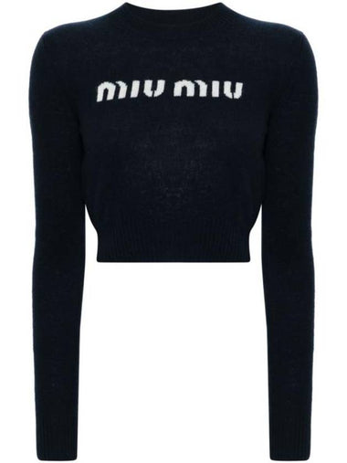 Print Logo Crop Wool Cashmere Knit Top Navy - MIU MIU - BALAAN 1