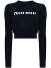 Print Logo Crop Wool Cashmere Knit Top Navy - MIU MIU - BALAAN 2