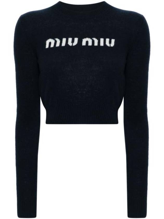 Print Logo Crop Wool Cashmere Knit Top Navy - MIU MIU - BALAAN 2