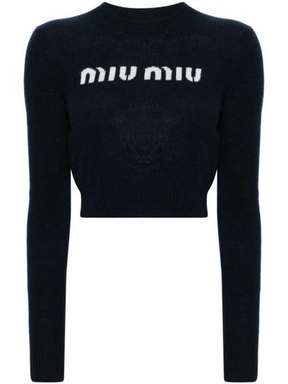 Print Logo Crop Wool Cashmere Knit Top Navy - MIU MIU - BALAAN 2